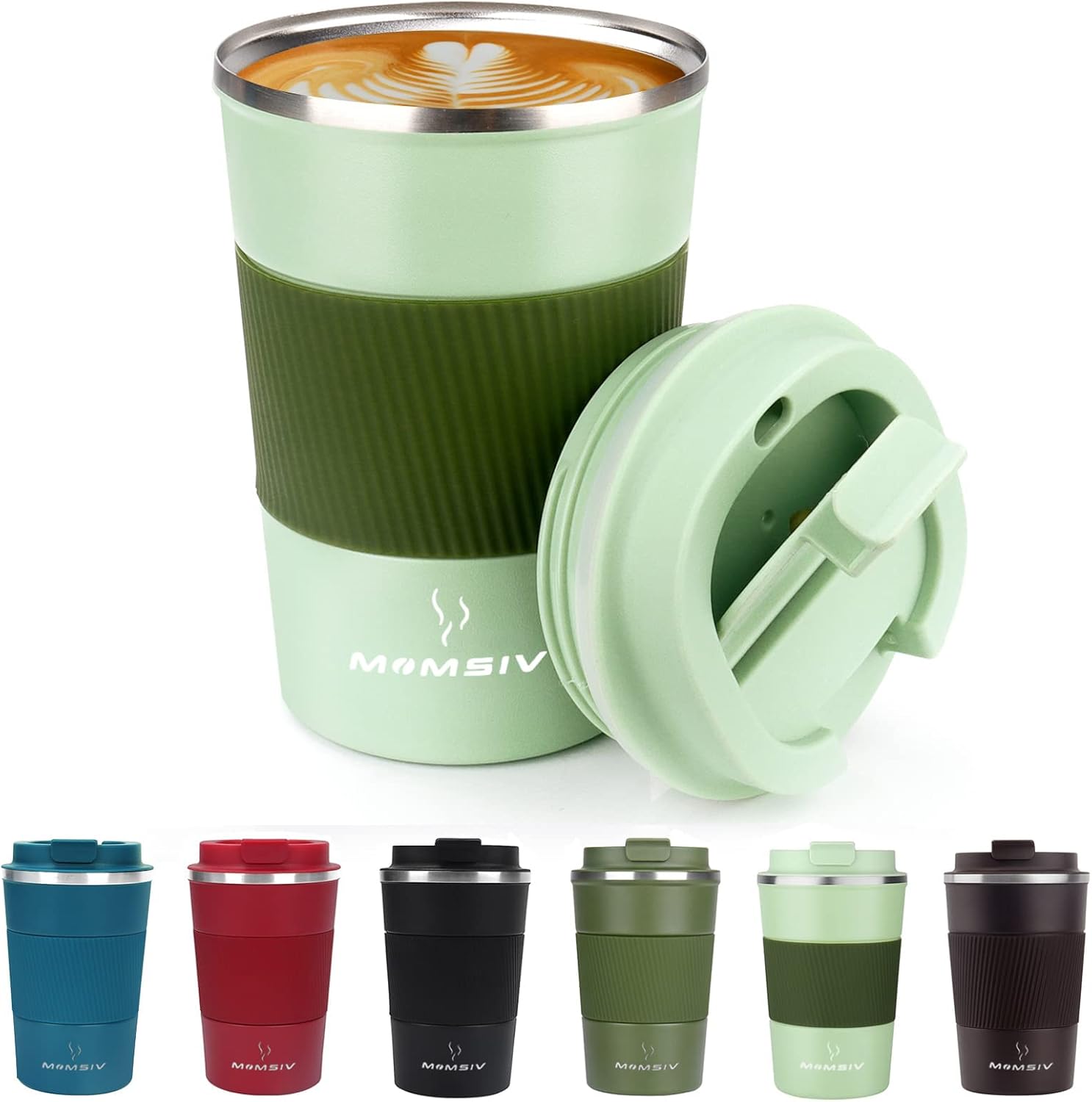 12oz Travel Mug, MOMSIV Insulated Coffee Cup with Leakproof Lid, Vacuum Stainless Steel Double Walled Reusable Tumbler for Hot and Cold Water Coffee and Tea In Travel and Car (Green-380ml)