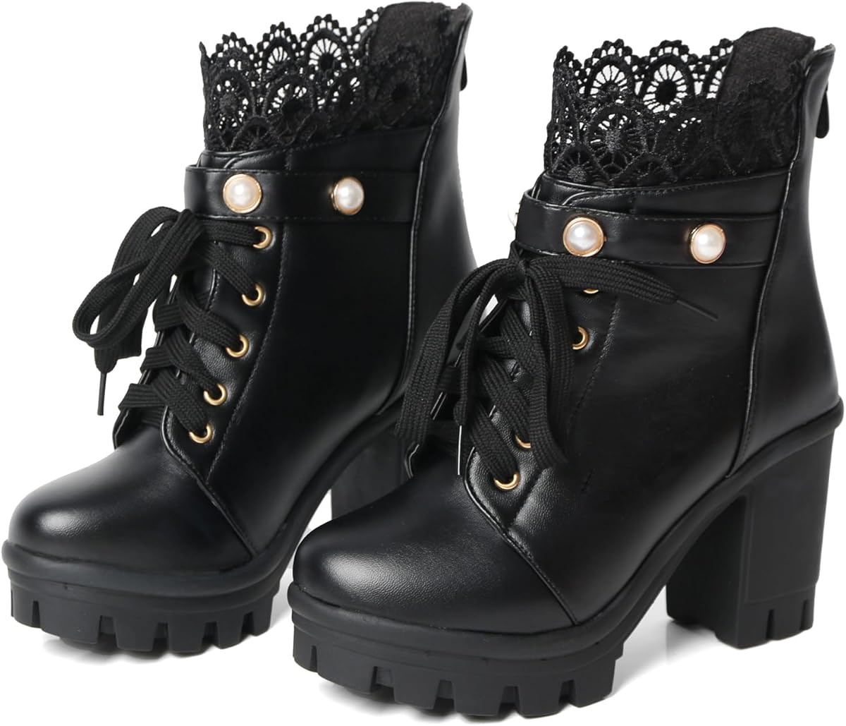 Platform Boots For Women Black Chunky Boot Goth Ankle Booties Bead Lace Lolita Dress Shoes With Zipper