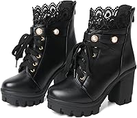 Women's Black Chunky Platform Goth Ankle Boots with Zipper, Bead Lace Details - Lolita Dress Booties by FOREADAshoes