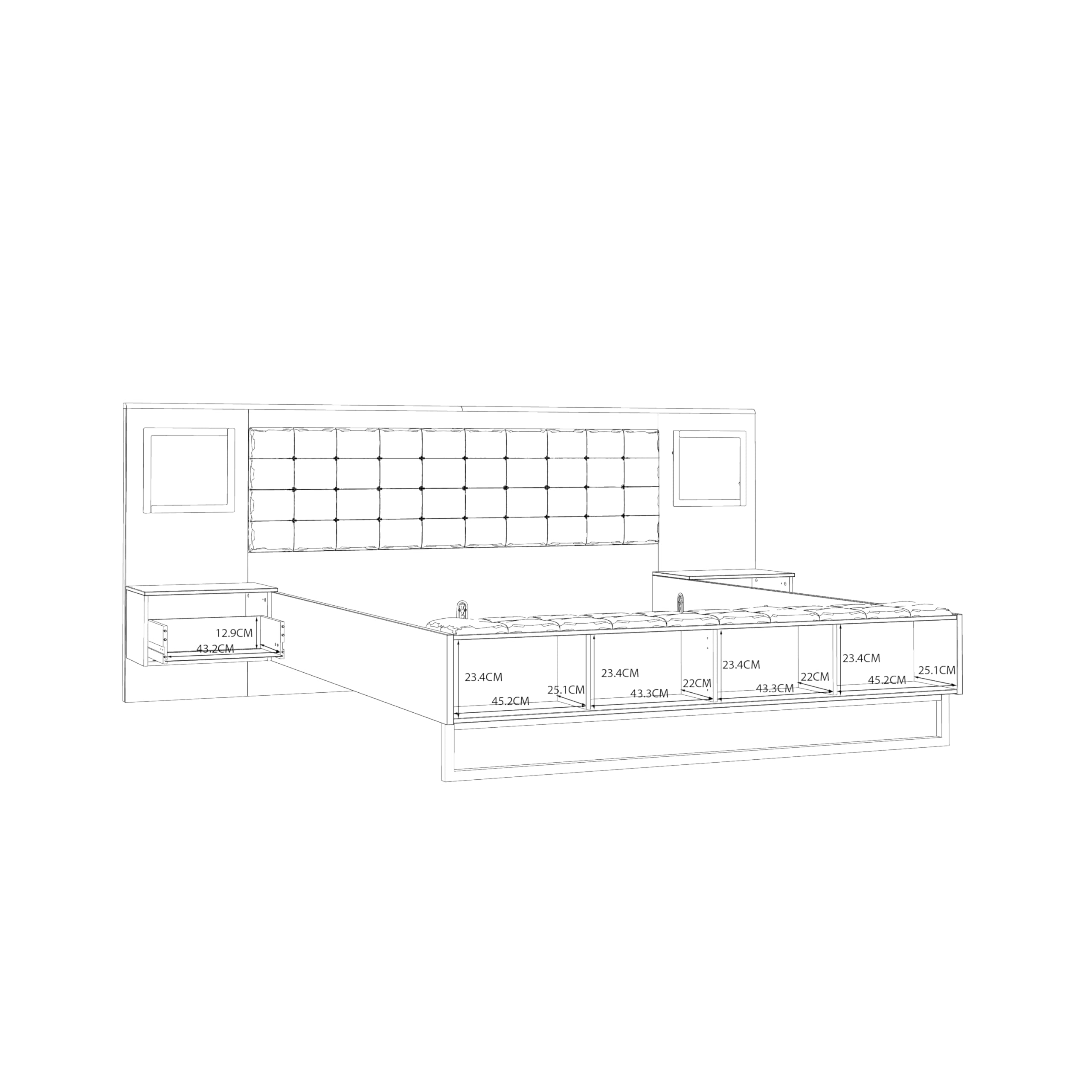 Forte Sirius Crown Bett 280 290, modernes Bett + 2 Nachtkommoden mit 2 Schubladen, weißes Bettgestell, Holzwerkstoff, Weiß/Weiß Hochglanz, 287 cm breit x 119,7 cm hoch x 234,7 cm tief
