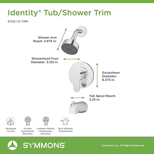 Miniatura 2 de Symmons 6702-1.5-TRM Identity - Grifo de ducha y bañera con 1 pulverizador de cromo pulido, 1.5 GPM (válvula no incluida)