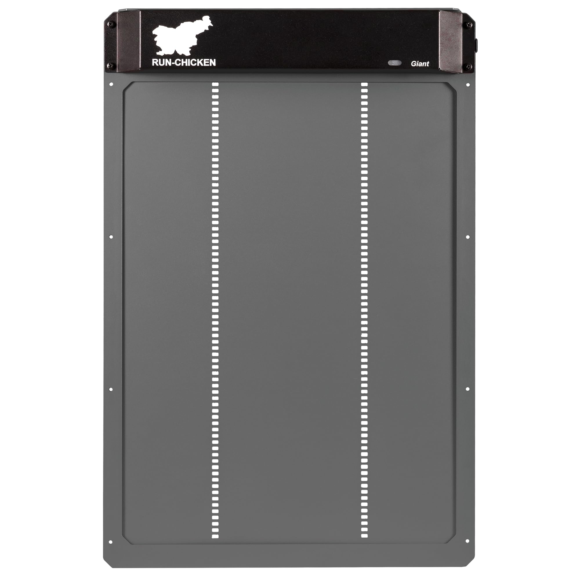 Porta automatica Run-Chicken GIANT grigia per grandi volatili. Apertura 36 x 50 cm, alluminio resistente alle intemperie. Timer o GPS e sistema di sicurezza anti-schiacciamento.