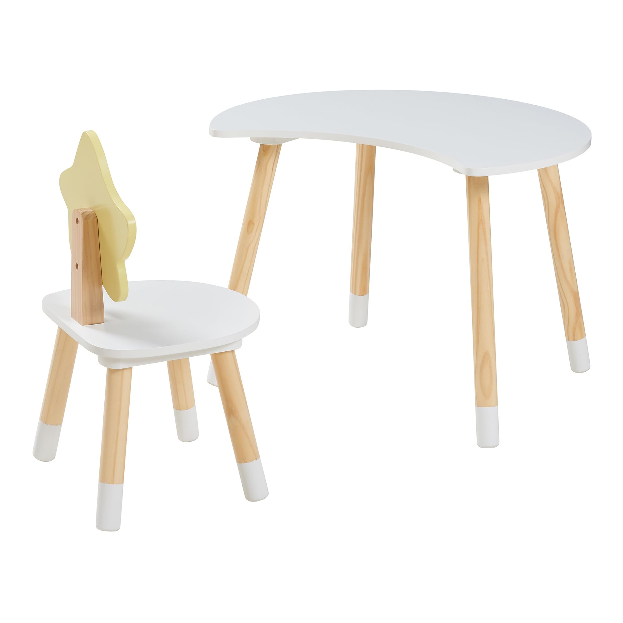 [en.casa] Kinderschreibtisch Set mit Stuhl Lallega Kindertisch Mond- und Stern-Design Schreibtischstuhl mit Rückenlehne Kinderspieltisch Maltisch für Kinder Weiß