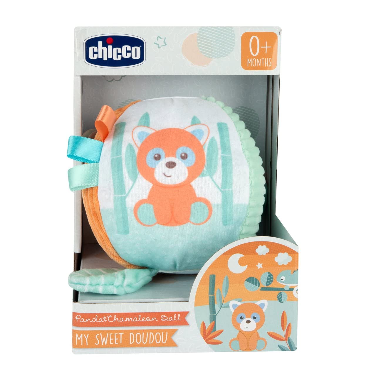 Chicco My Sweet Doudou Panda & Chameleon Piłka, Miękka Piłka z Różnych Tkanin, z Brzęczeniem, Aktywności Manualne, Zabawki dla Niemowląt, Zabawa dla Maluchów, 0 miesięcy+