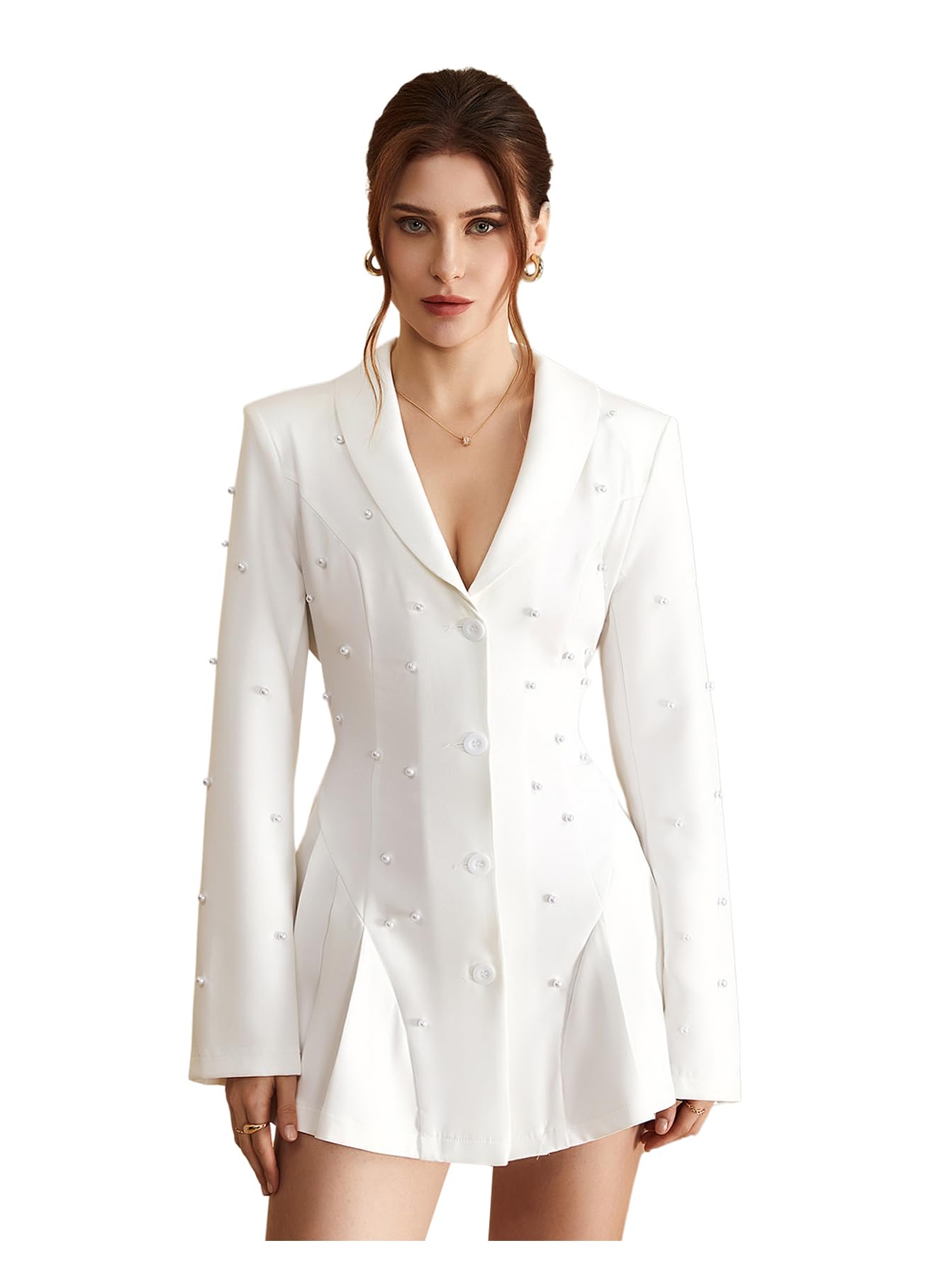 Womens Pearl Lapel Collar Blazer Dress Button Down Long Sleeve Ruffle Work Office Dressy Jackets