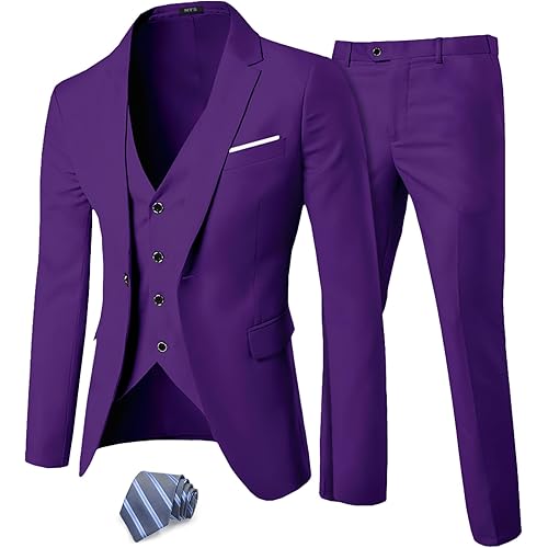 MY'S Men's 3 Piece Suit Set with Tie, One Button Slim Fit Solid Jacket Vest Pants, Prom Party Wedding Business Suits for Men