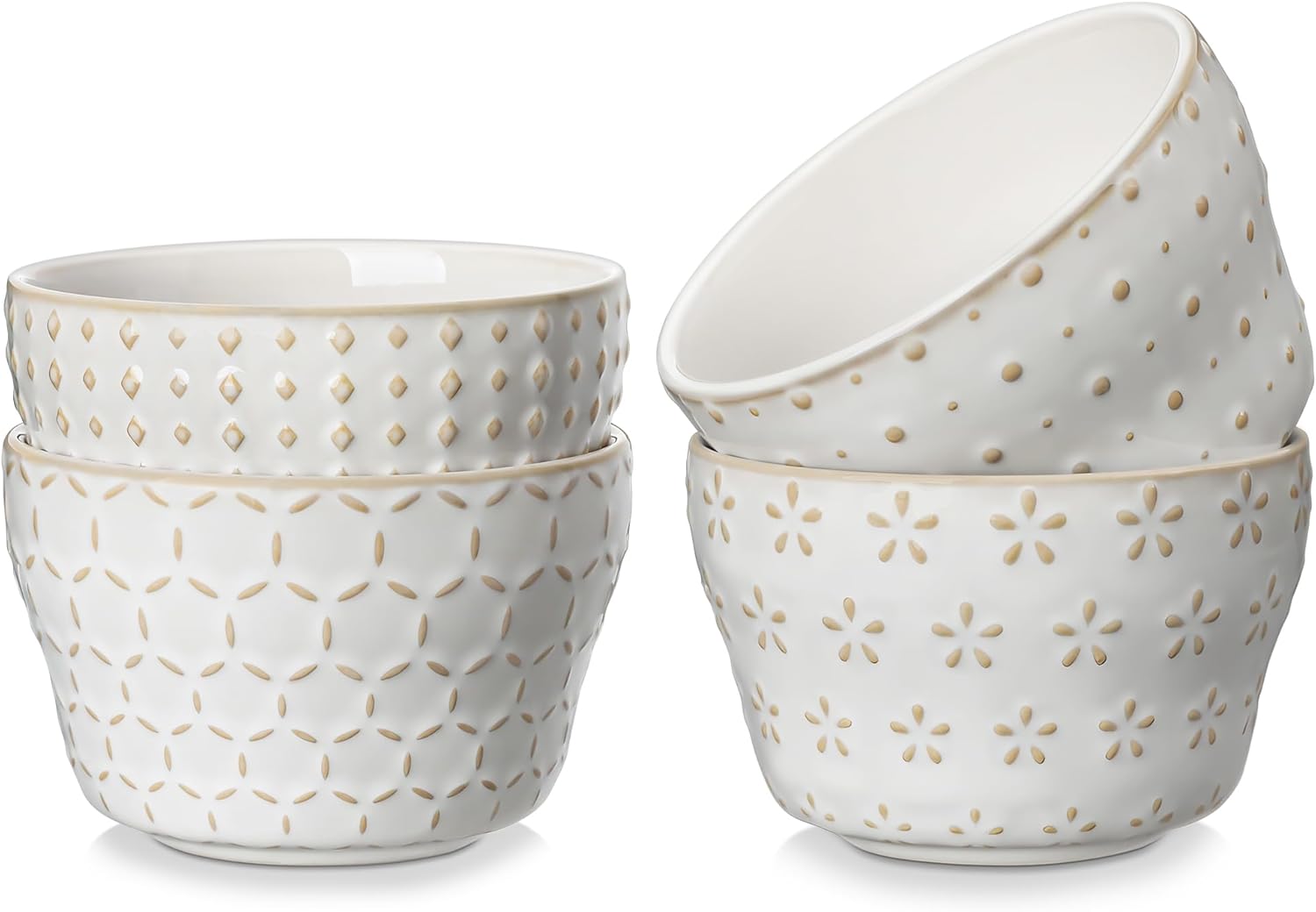 MALACASA Small Dessert Bowls 8 oz, Ice Cream Bowls, Dipping Sauce bowls,Ceramic Bouillon Soup Cups or Certain Side Dishes, Microwave & Dishwasher Safe, Set of 4, Arctic White, Series LYDIA