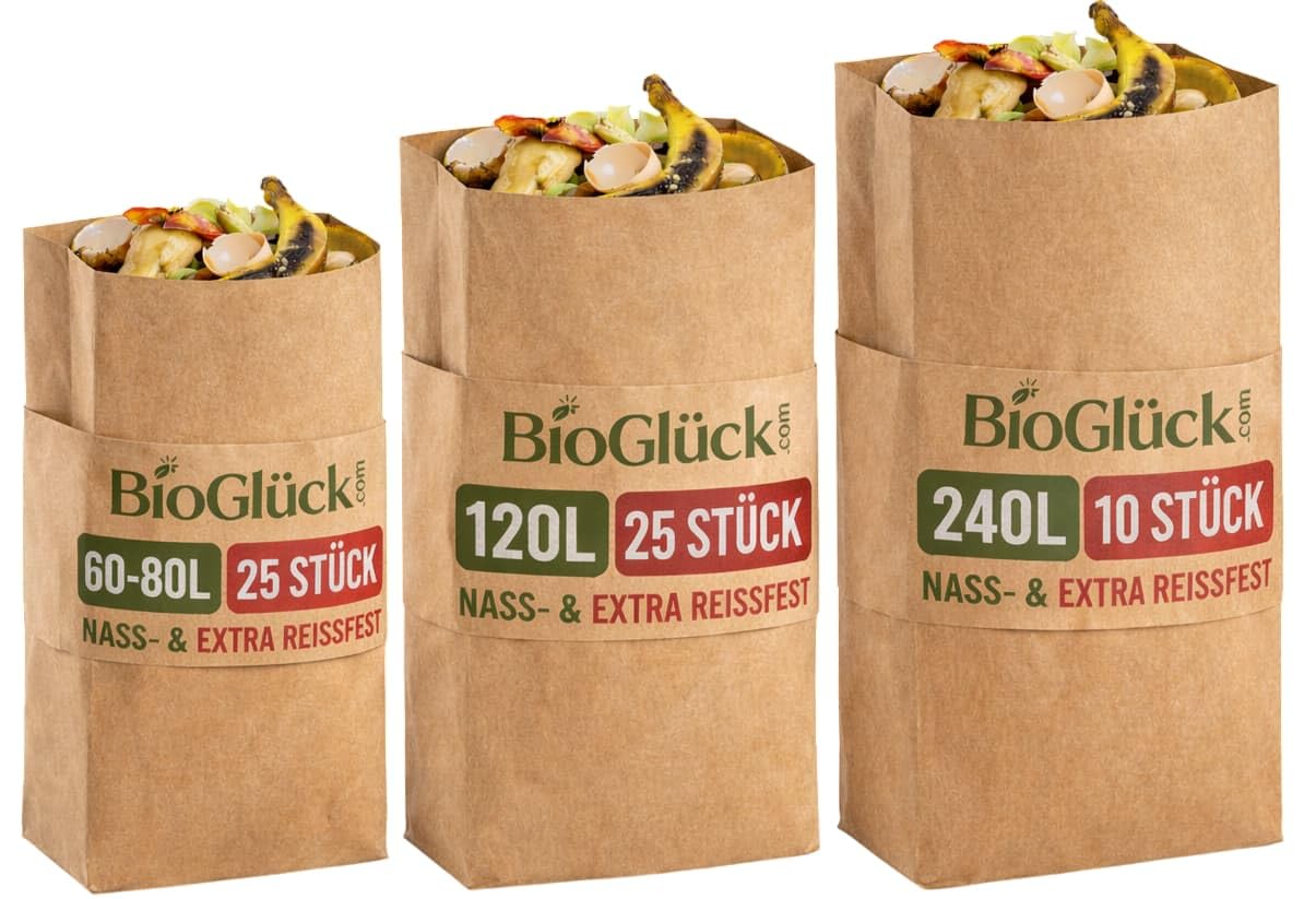 BIOGLÜCK® – Sacchetti per Bio rifiuti Premium 20 l [100 pezzi] – Resistenti e impermeabili in carta per bidoni dell'umido