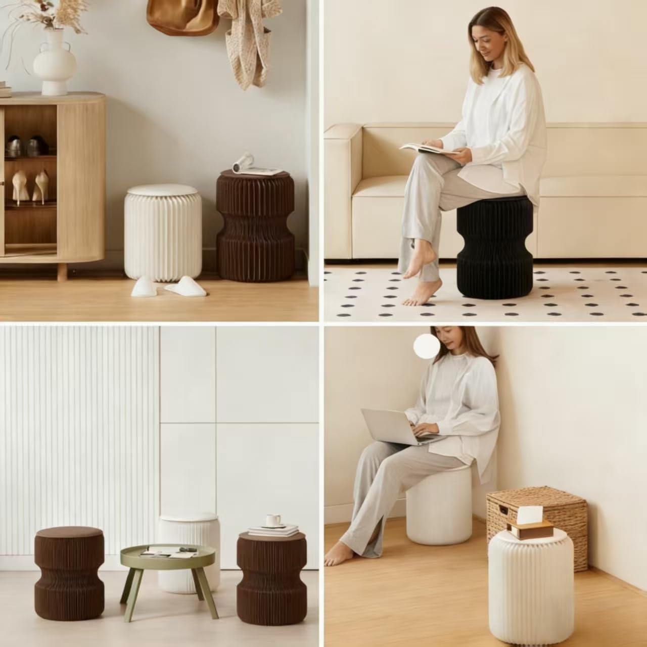 14 Inch Folding Paper Stool - 660 lb Load Capacity, Eco-Friendly Kraft Honeycomb Design, Foldable to 1.2 Inch Portable & Sturdy Modern Ottoman, Side Table for Living Room, Camping and Dorm (brown B)