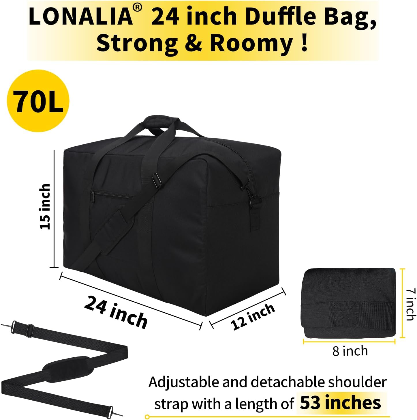 70L Large Duffle Bag for Travel - 24 inch Duffel Bag Heavy Duty Luggage Storage Bag (Black) - Image 4