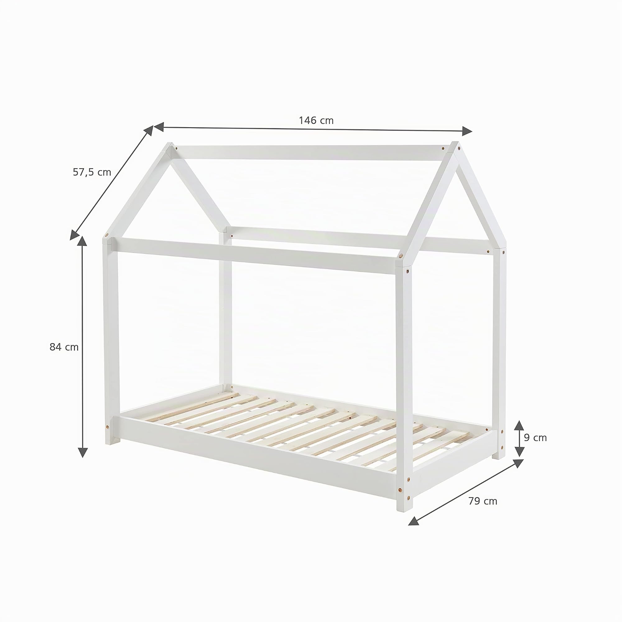 BAÏTA Letto per bambini, capanna Tiny pino bianco, 70 x 140 cm, rete inclusa
