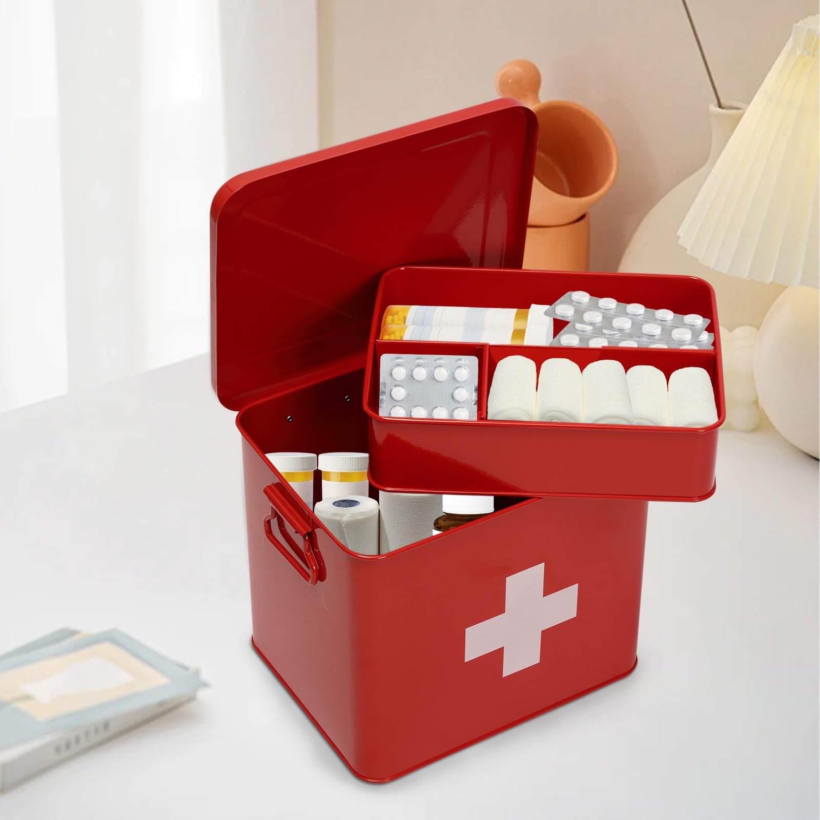 Porta Medicine,Contenitore Per Medicine Domestiche,Organizer Medicinali 2 Strati In Metallo,Scatole Medicine Con Maniglia,Adatto Allo Stoccaggio Di Prodotti Farmaceutici Pronto Soccorso Rosso