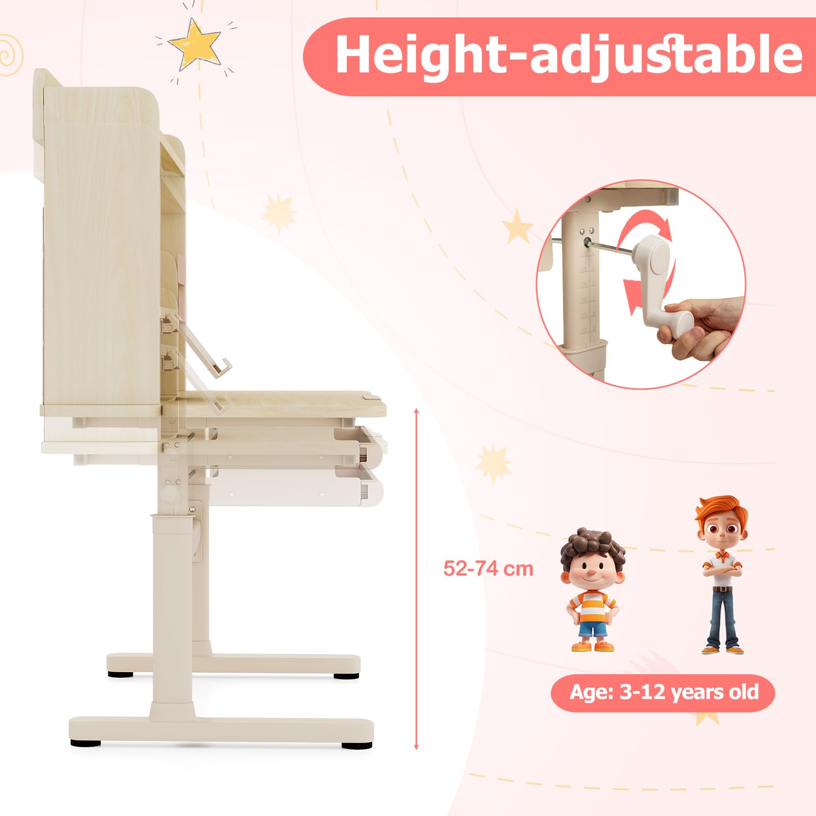 LIFEZEAL Scrivania Bambini 3-12 Anni, Banco Scuola, 100x60cm, Ergonomico, Altezza Regolabile, Piano Inclinabile, con Libreria, Leggio per Libri, Cassetto, Tavolino da Studio, per Cameretta (rosa)