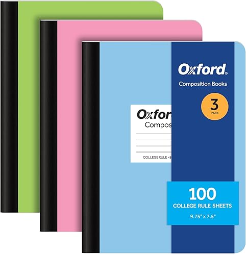 Oxford Cuadernos de composición, diarios escolares de 9-34 x 7-12 pulgadas, papel rayado universitario, cubiertas de color pastel, 100 hojas por