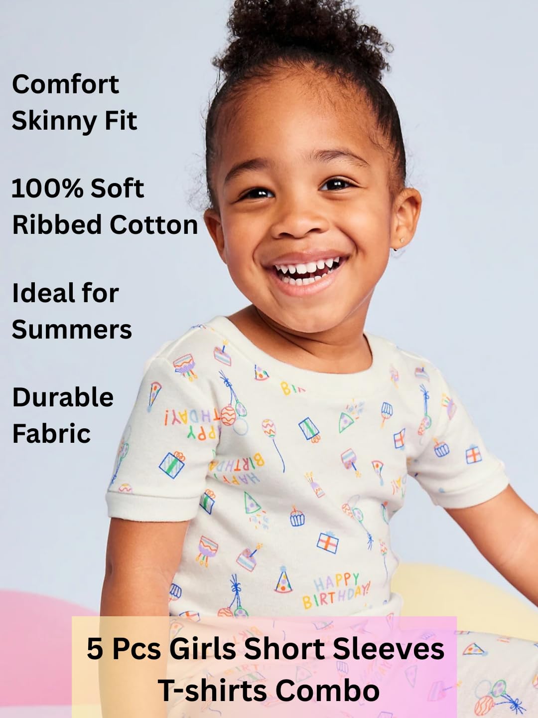 TuddyBuddy Baby Girl's 100% Organic Cotton Ribbed Short Sleeves Tops/T-Shirt (2 Years-3 Years, Pack of 5, Assorted) - Image 5 thumbnail