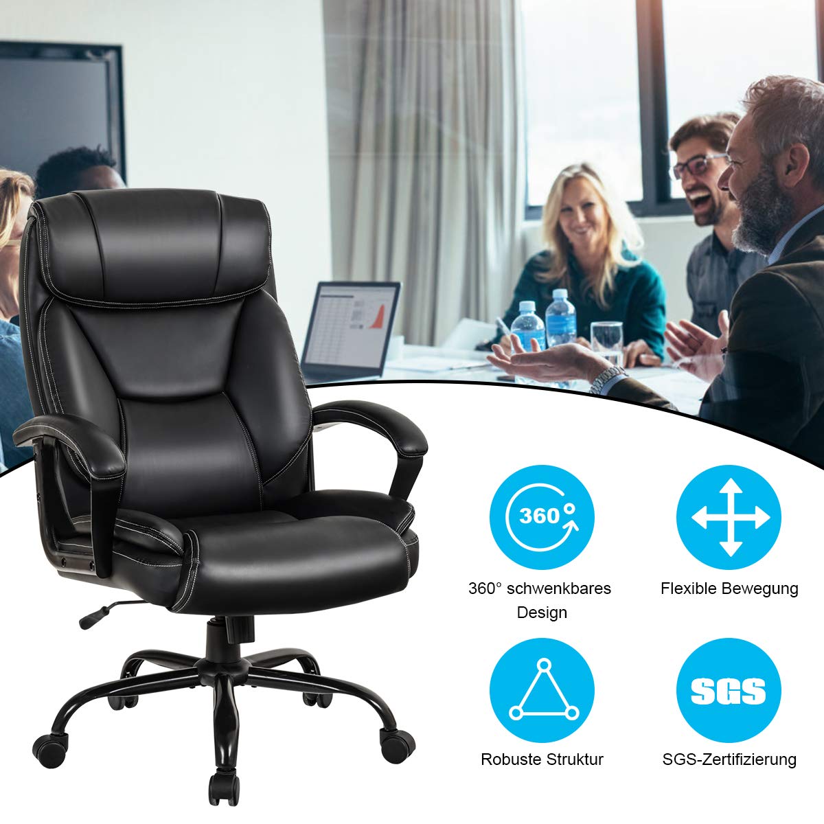 COSTWAY Chefsessel, ergonomischer Bürostuhl bis 220 kg belastbar, Schreibtischstuhl mit Wippfunktion, höhenverstellbar, Computerstuhl, PC Stuhl, Drehstuhl für Große Menschen