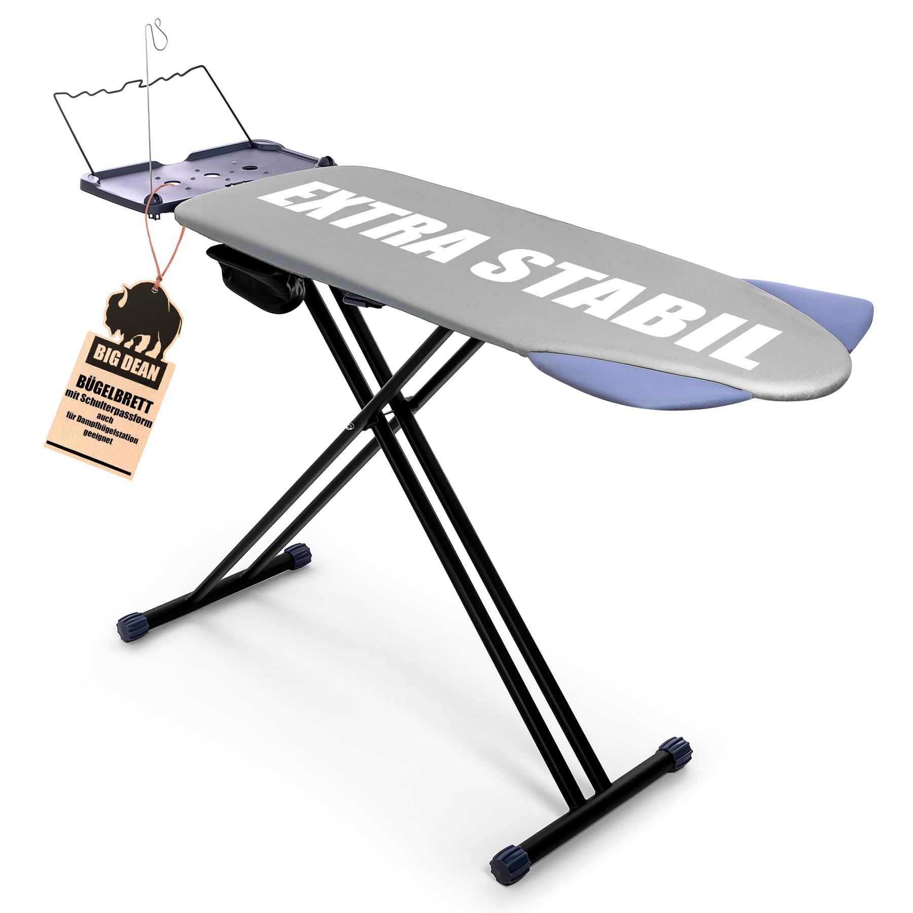 BigDean Bügelbrett XXL 120x45 cm Bügelfläche ausklappbarer Schulterpassform | Stabiler Bügeltisch für Dampfbügelstationen und Bügeleisen - Ironing Board - höhenverstellbar