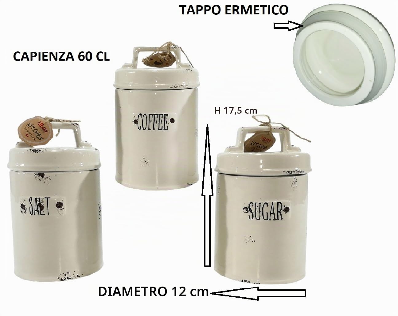 Set 3 Barattoli in Ceramica Vintage posta sale zucchero cafféda cucina Ermetici con Scritta salt coffee sugar cl 60