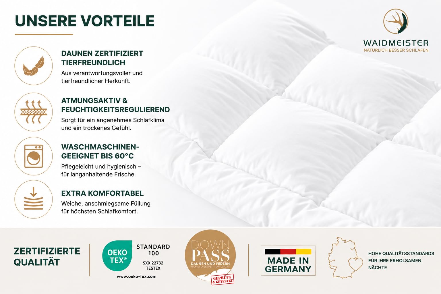 DILUMA Bettenset 4-teilig Comfort - 2X Bettdecke 135x200 cm 1000g Füllung 90% Federn 10% Daunen - 2X Kopfkissen 80x80 cm 100% Federn - Bettdeckenset mit ÖkoTex 100