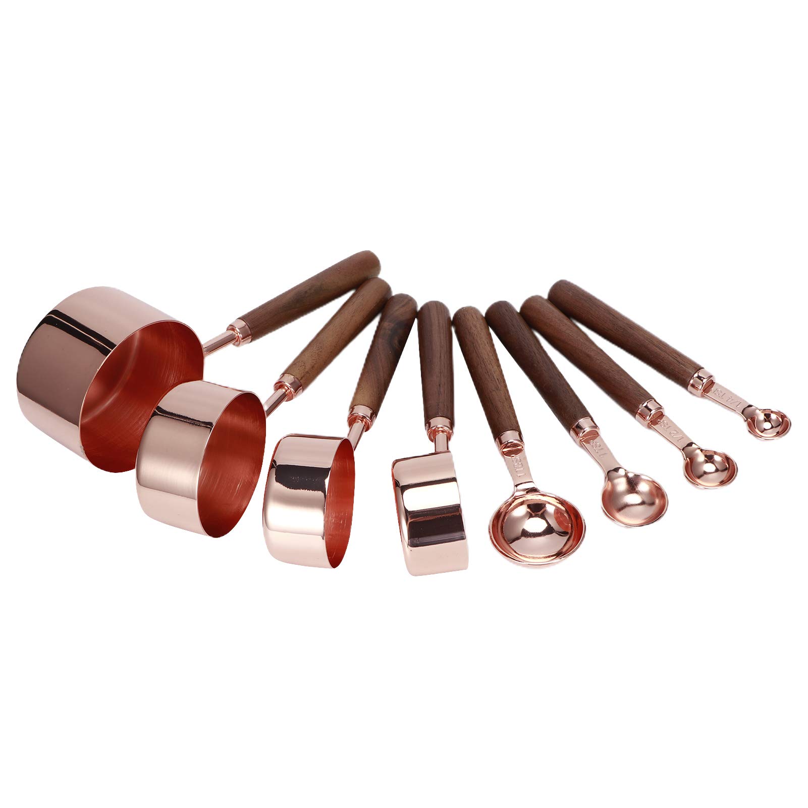 Ensemble de Cuillères à Mesurer 8 Pièces Outil de Cuisine en Acier Inoxydable or Rose Durable pour les Tâches de Cuisson en Acier Inoxydable 430 avec Poignées en Bois de Noyer