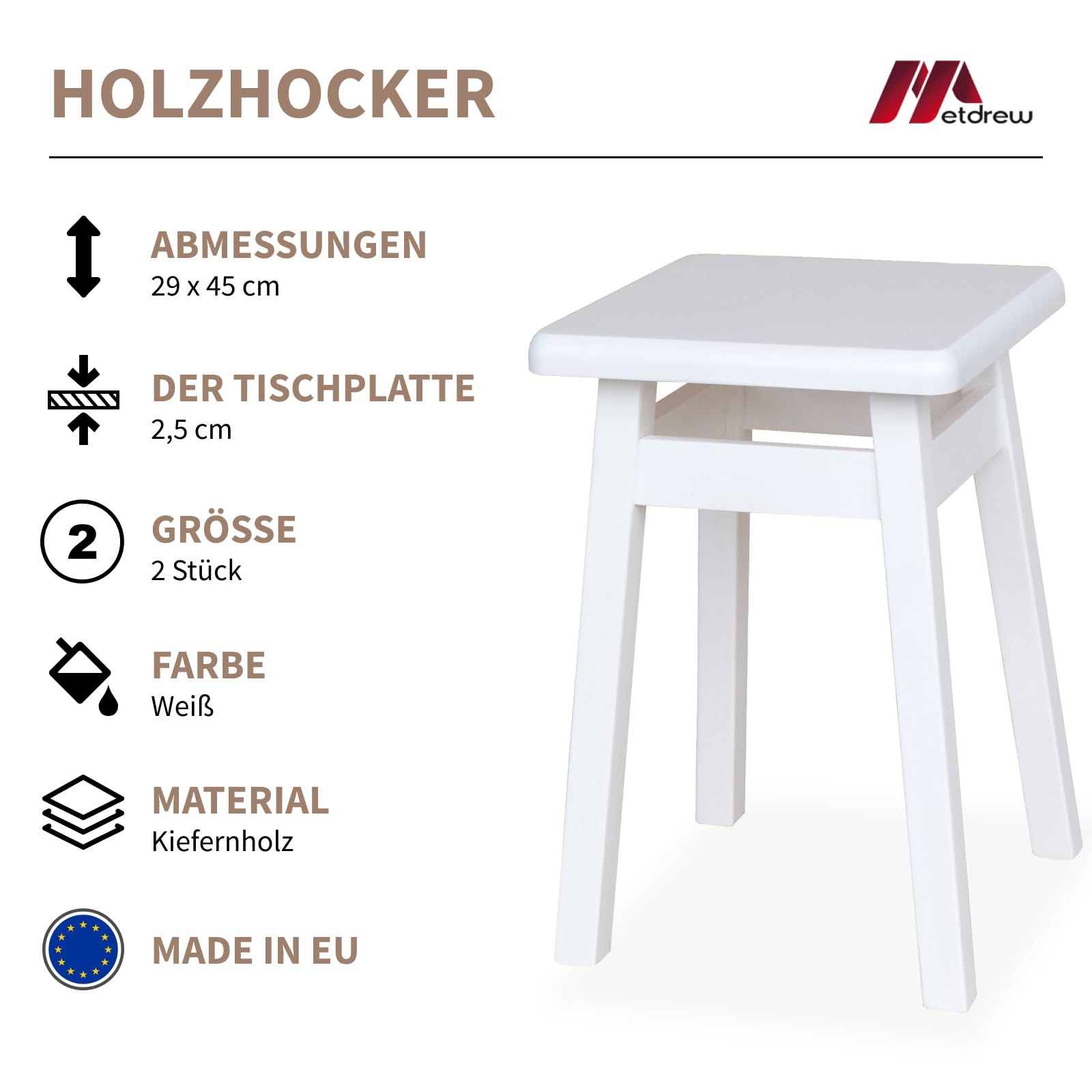 Holzhocker | Sitzhöhe 45 cm, 29 x 29 cm | Für Küche & Essbereich | Quadratische Form | Eckiges Design | Rustikaler Look | Schlichter Hocker | 2 Stück | Farbe: Weiß