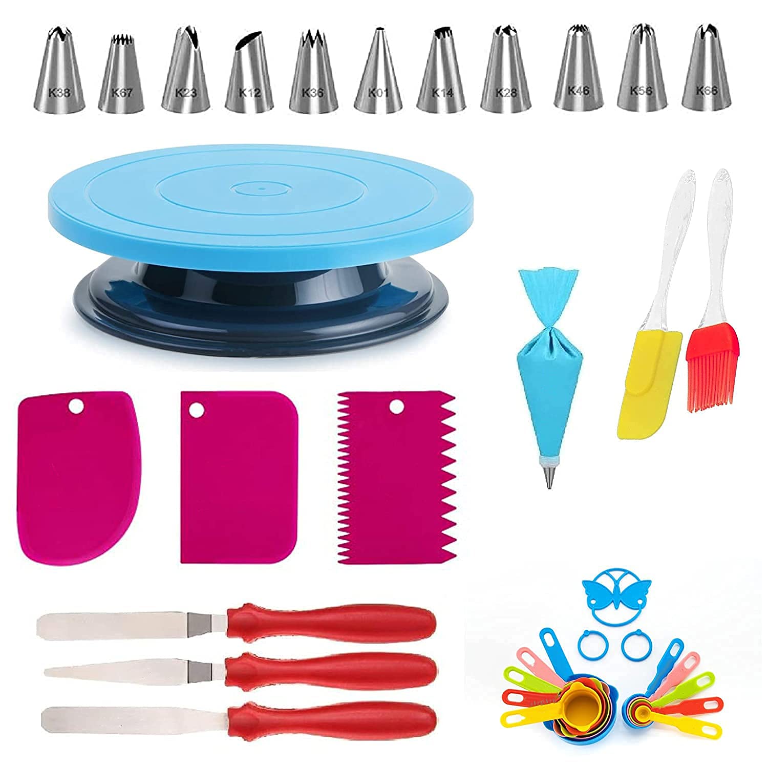 Earth Cake Baking and Making Tools Combo for Cake Decoration at Home, Kitchen and Store. Cake Turn Table, 12 pc Nozzle Set, Spatula Brush, 3 in 1 Knife Set, 3 pc Scrapper, 10 pc Measuring Spoon
