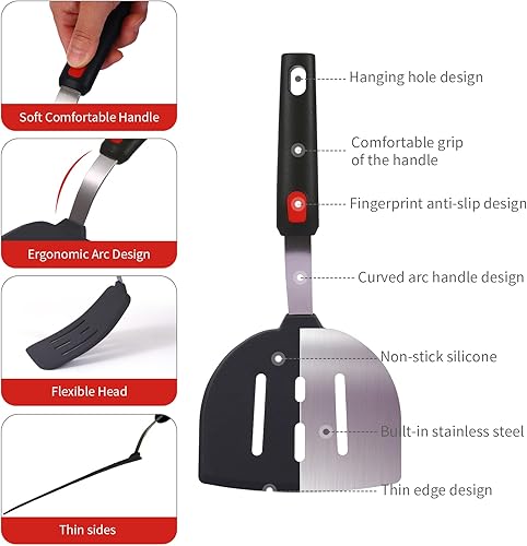 Vista 5 de Juego de espátulas de silicona grandes y delgadas, resistentes al calor, 600 ° F, utensilios de cocina flexibles ranurados para utensilios de cocina