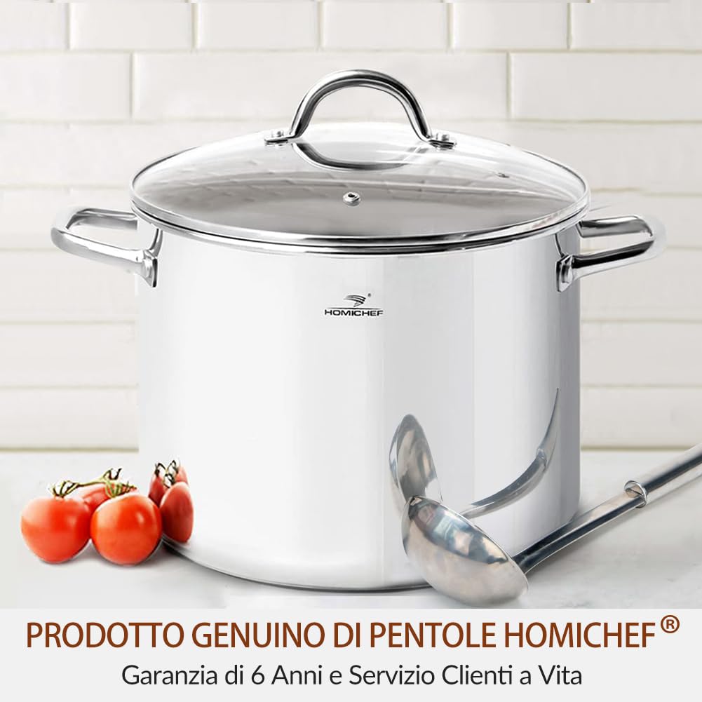 HOMICHEF Pentola Grande in Acciaio Inossidabile Senza Nichel con Coperchio in Vetro (29 cm, 15 Litri) - Pentola a Induzione per la Salute con Finitura a Specchio