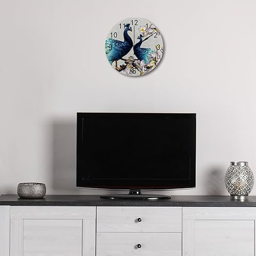 Miniatura 4 de Reloj de pared para decoración de sala de estar, pavo real, flor de durazno, PVC, 9.8 pulgadas, para colgar, redondo, silencioso, sin tictac, Signo