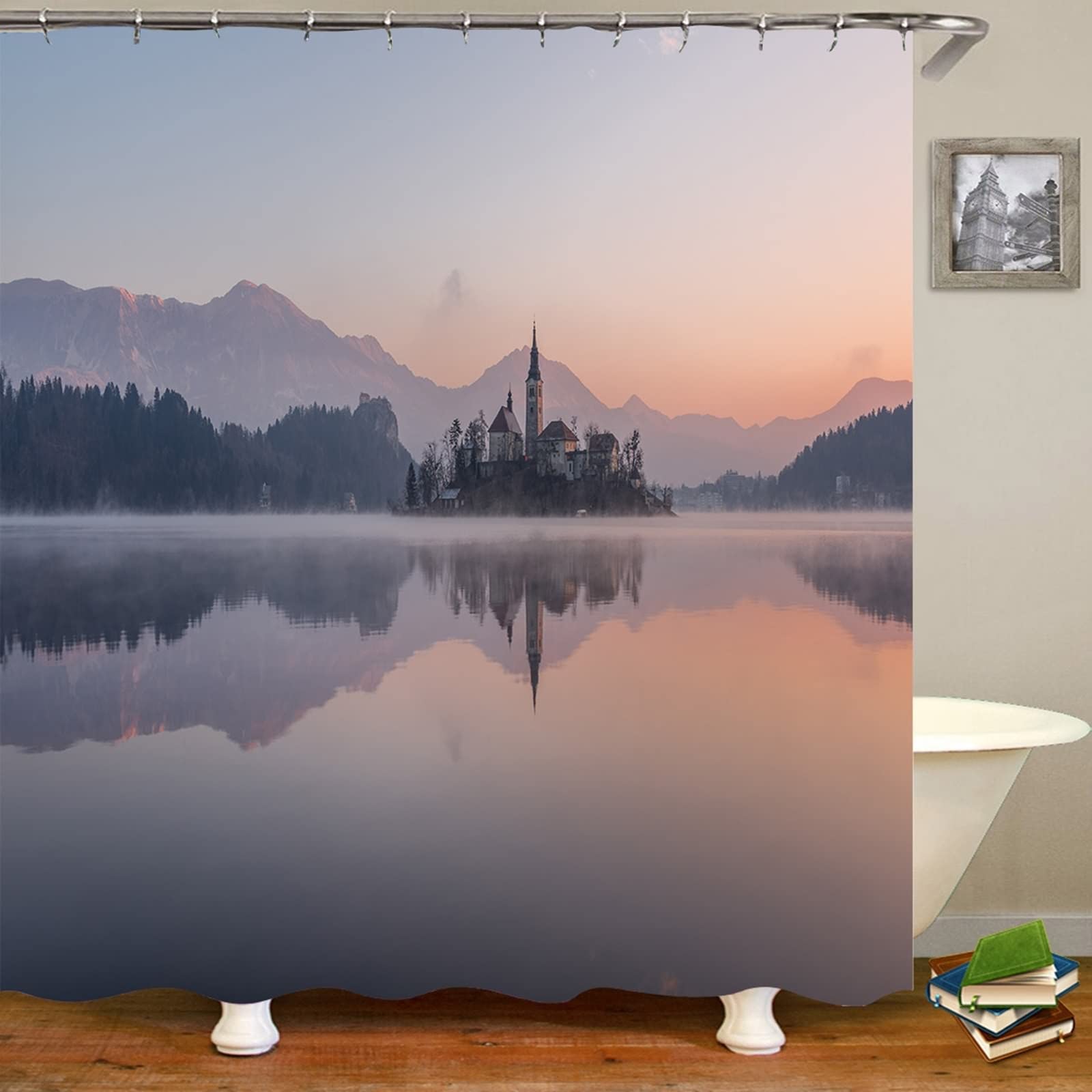 Gualiy Cortina de ducha resistente al moho y al moho, cortina de ducha multicolor para lago y castillo, 165 x 200 cm