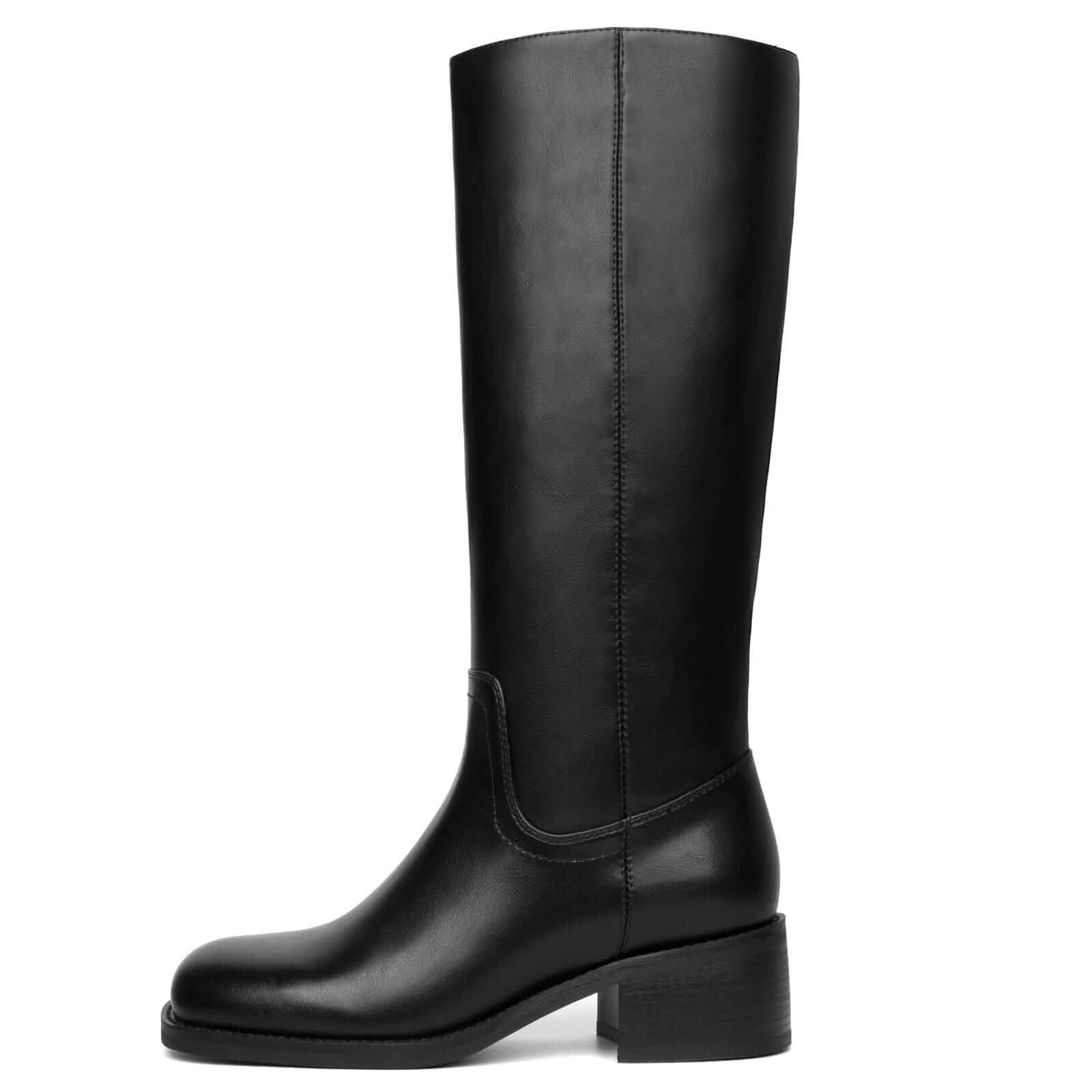 SUIARA Knee High Boots Women Square Toe Chunky Block Heel Banana Campus Boot Wide Calf Comfortable Low Heel Riding Long Boots