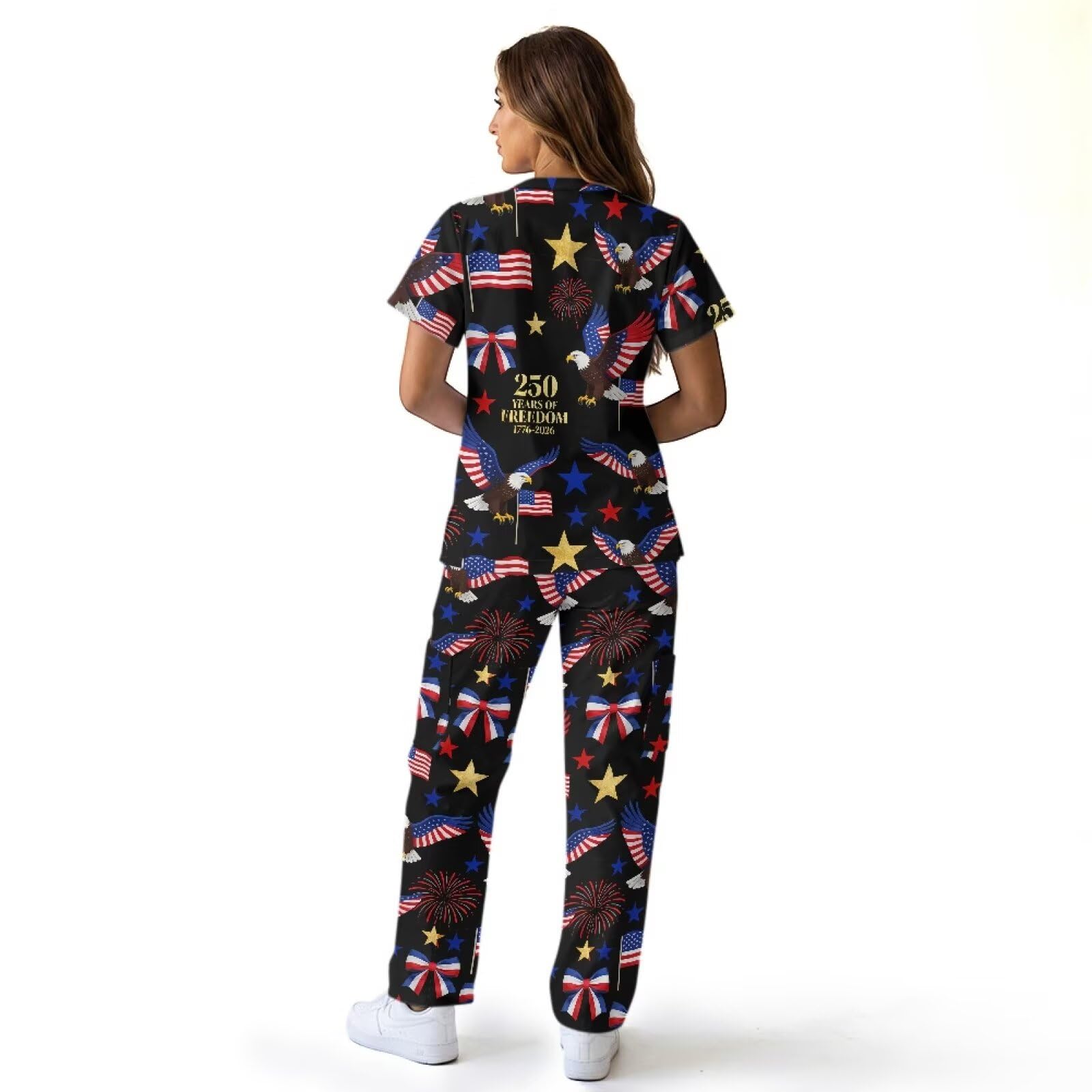 250th Anniversary USA Scrubs Set Women with Tall Scrub Pants Eagle American Flag Scrub Tops for Women Medical Assistant Essentials
