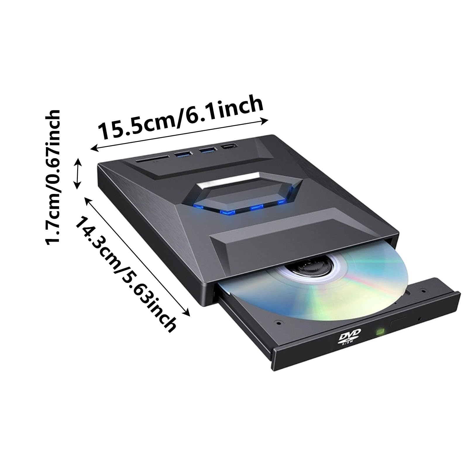 7-in-1 Externes USB-DVD-Laufwerk und Blu-ray-Player, USB C 3.0 Typ-C tragbarer BD/DVD/CD-Brenner, Lesegerät mit 3 USB-Anschlüssen, Hub und SD/TF-Kartenleser, 6 x optisches Blu-ray-Laufwerk (Schwarz, 1