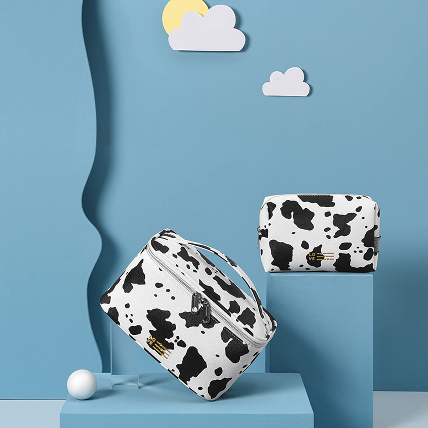 MIRASON Set di 3 sacchetti per cosmetici per borsa da viaggio, borsa da viaggio con cerniera, idea regalo per ragazze e donne, in pelle PU lavabile impermeabile (stampa mucca)