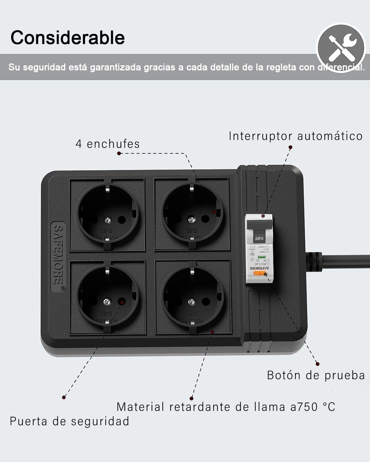 Regleta con 4 Enchufes 16A 4000W, Cable de 3m,Negro