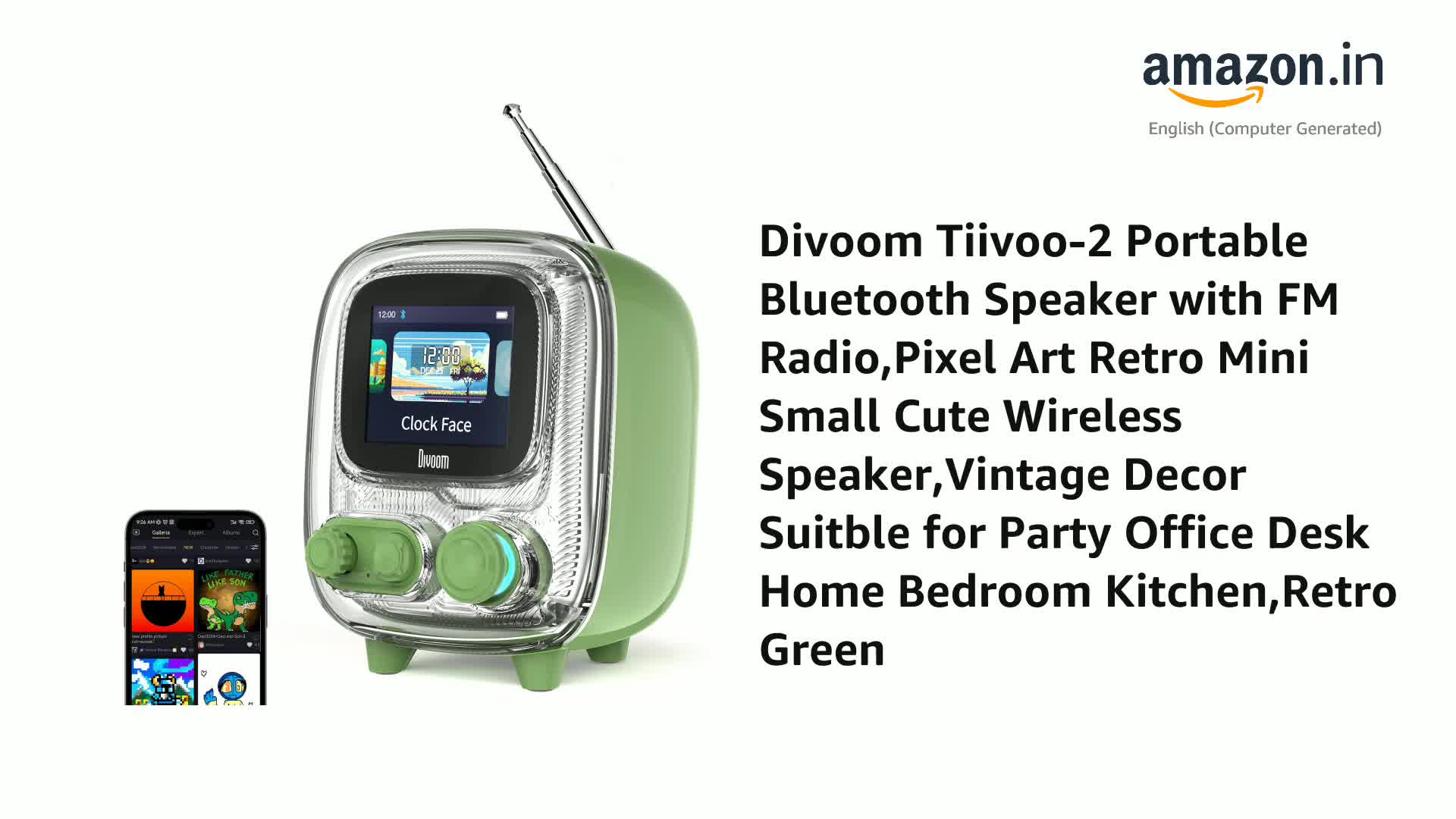Th1006 未開封品 Divoom Tiivoo-2 グリーン Divoom Tiivoo-2 Portable Bluetooth Speaker with FM Radio,Pixel Art