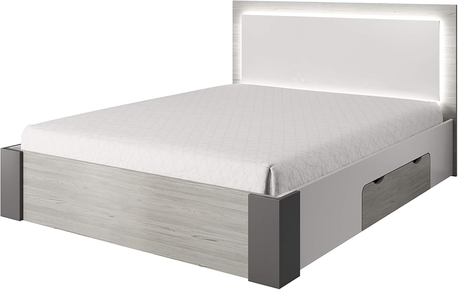 Fabryka Mebli Idźczak Schlafzimmer-Set Komplett - Helios III 230 Bettgestell - Kleiderschrank mit Spiegel, Kommode, Nachttisch - Innovativ, Stilvoll, Modern - Weiß/Kathult+Grau