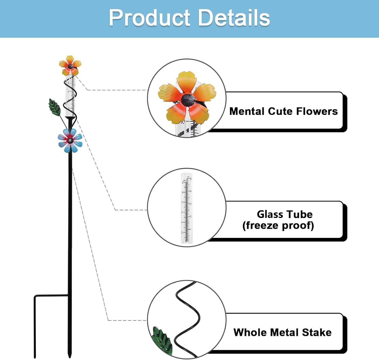 Flower Rain Gauge Outdoor, 5 Inch Glass Tube Freeez-Proof Metal Stake Weather-Resistant Rain Gauge-Lawn and Garden Yard Decor for Accurate Precipitation Measurement