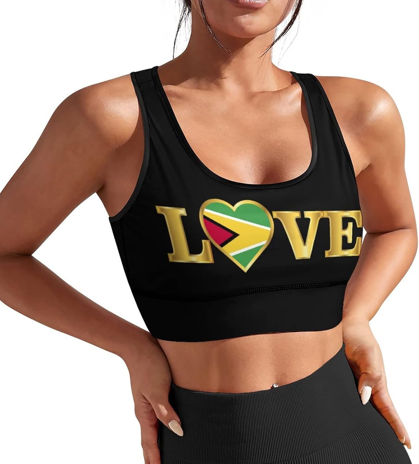 Love Guyana Flag Womens Sports Bra Padded Workout Slimming Tank Tops for Women with Built in Bra U Neck Fitness M Size Running Yoga Top