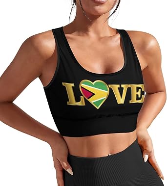 Love Guyana Flag Womens Sports Bra Padded Workout Slimming Tank Tops for Women with Built in Bra U Neck Fitness M Size Running Yoga Top