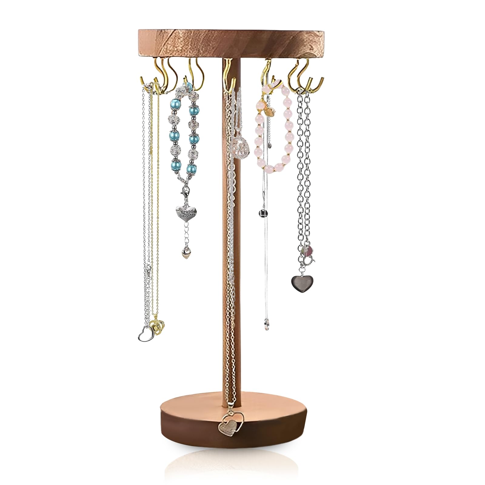 MXGHIR Necklace Display Stand, Wood Bracelet Holder Jewellery Stand with 12 Hooks, Gift for Women, Necklace Storage for Home, Bedroom, or Vanity (Walnut)
