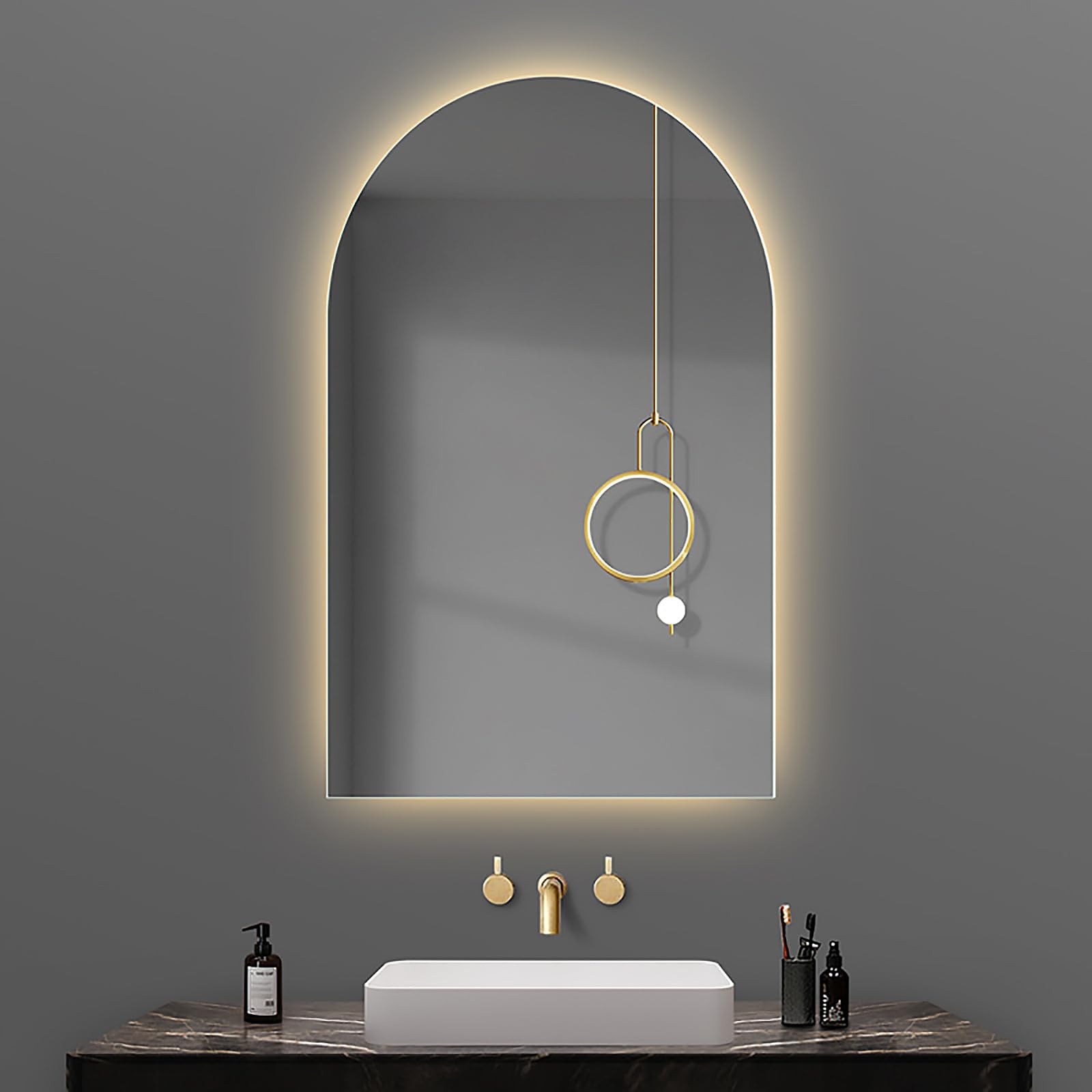 Specchio cosmetico semicircolare illuminato da parete, regolabile in 3 colori, per camera da letto e salone di bellezza, design elegante ad arco per capelli e trucco impeccabili