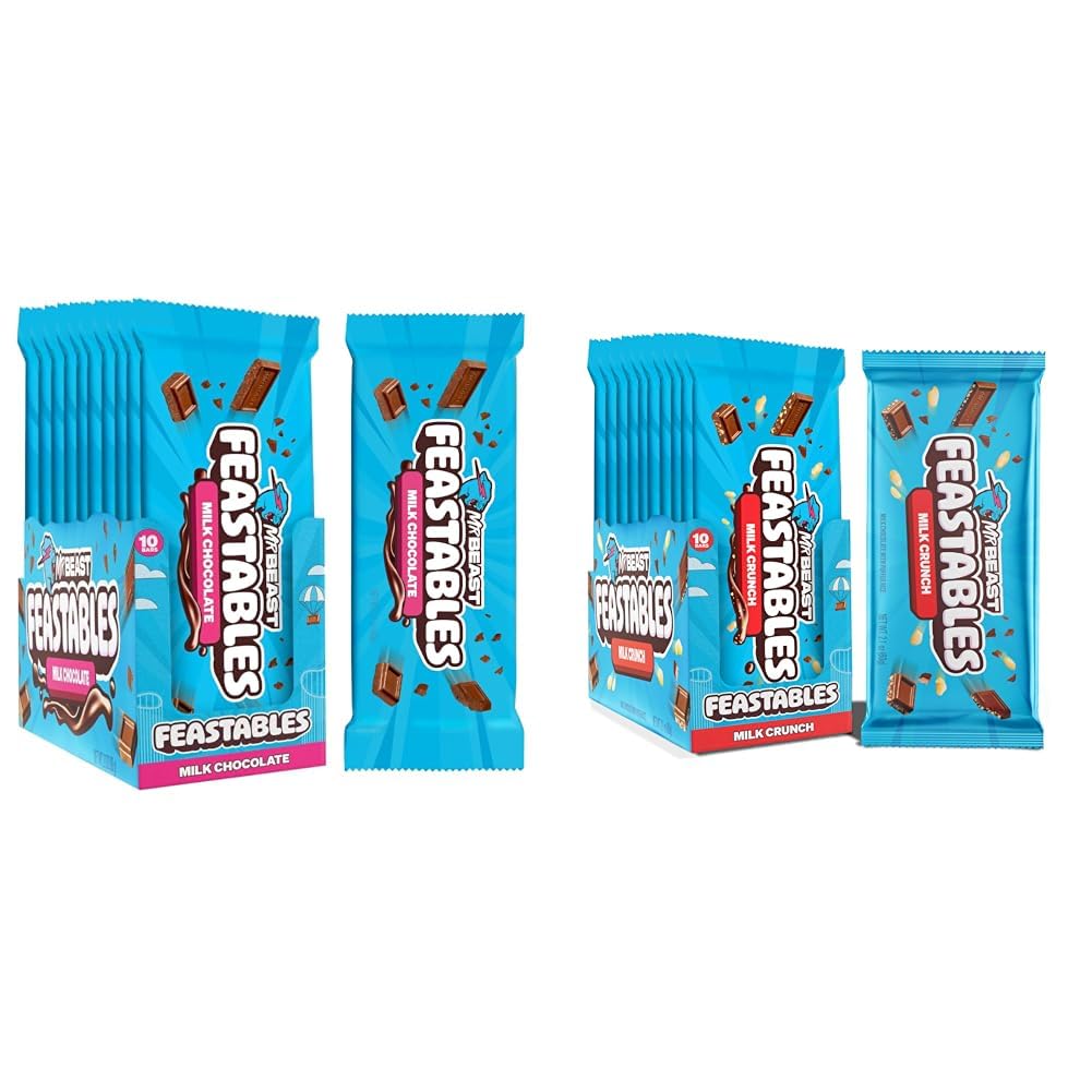 MrBeast Feastables Milk Chocolate & Milk Crunch Bars Bundle, King Size, 20 Count, Creamy & Crispy Chocolate Candy, 2.1oz Each