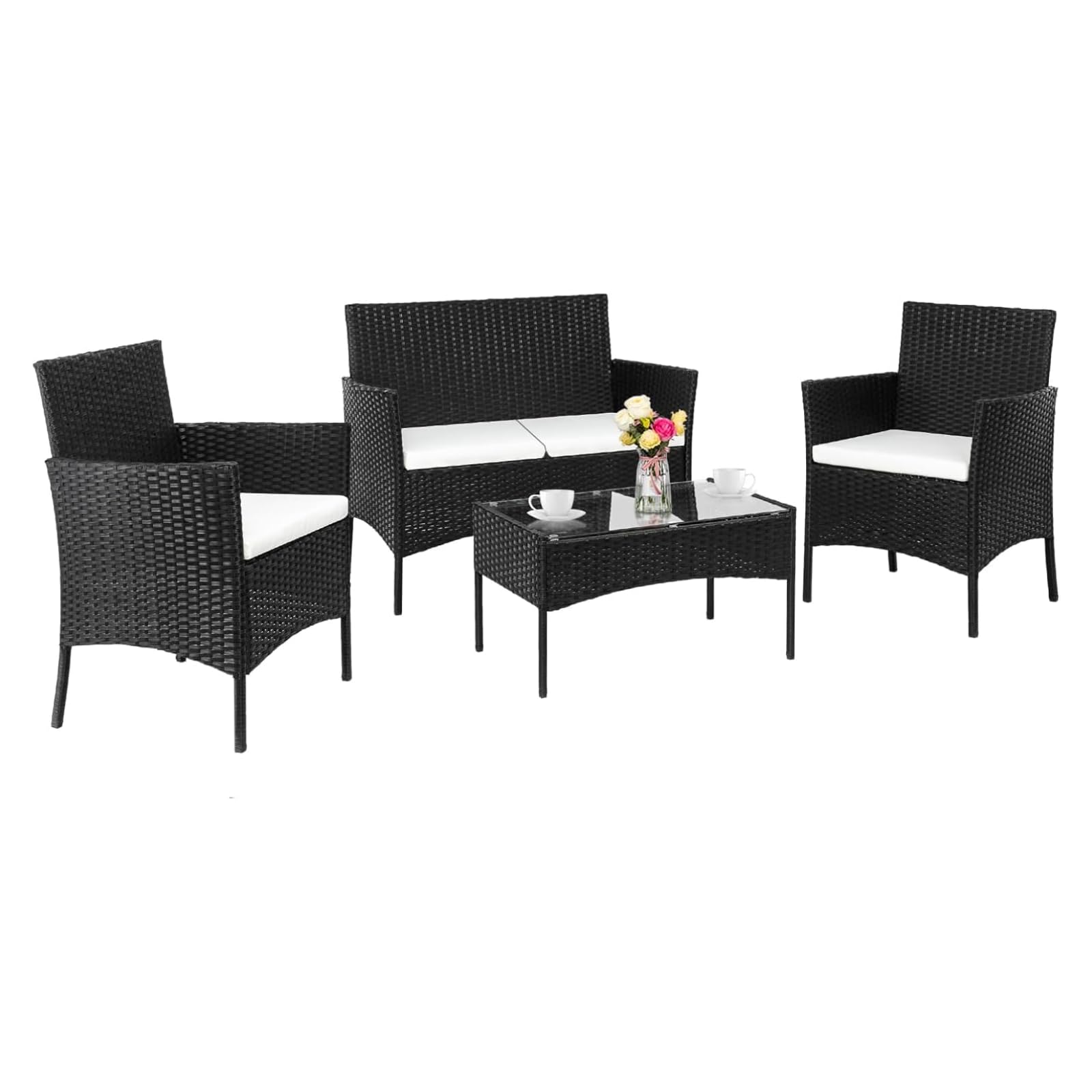 LEADZM Polyester Rattan Sitzgarnitur,Balkonmöbel,Gartenmöbel-Set,wetterfest,UV-Schutz, Sitzplätze für 4 Personen,Sofa für 2 Personen, 2 Einzelsessel, geeignet für Wohnzimmer, Balkon, Garten