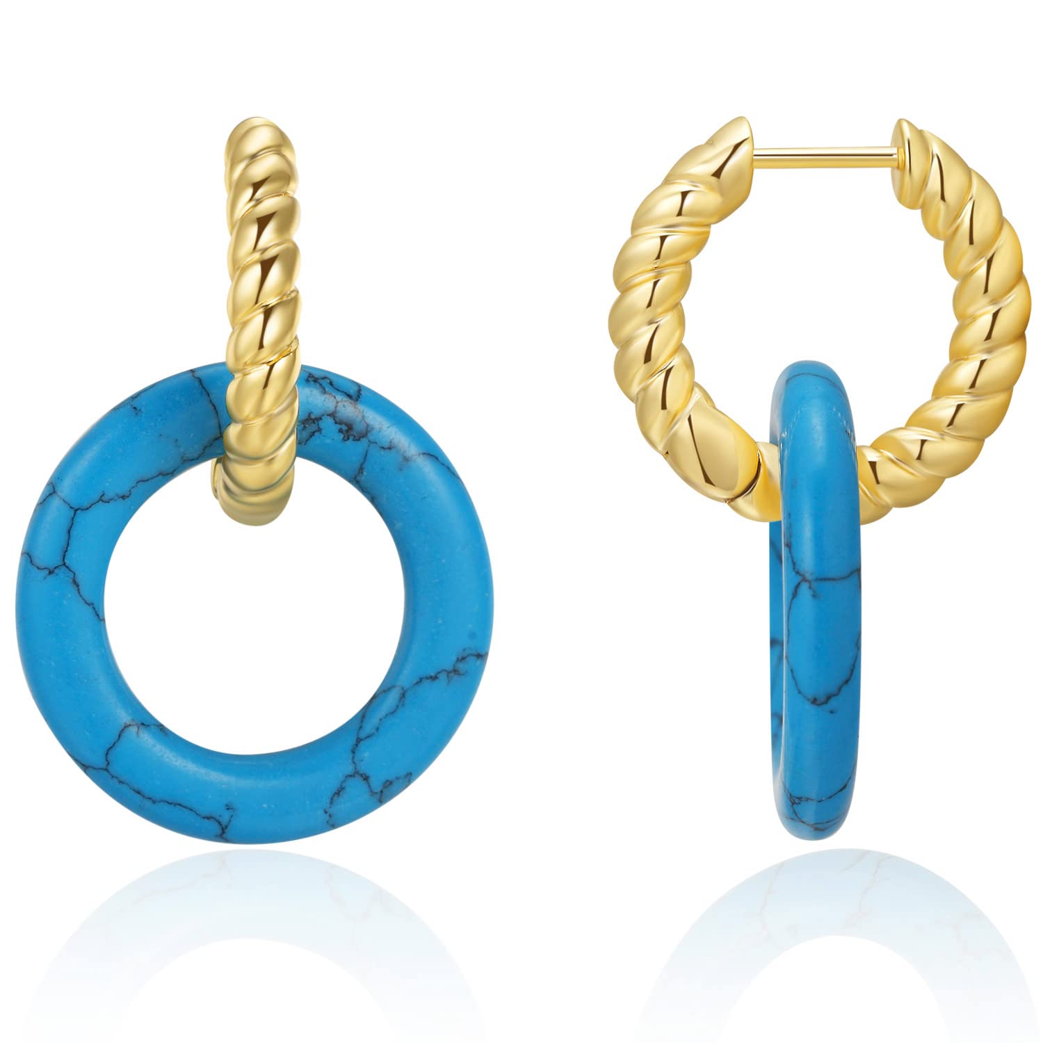 VIENNOISBlue/White Turquoise Healing Gemstone Trendy Hoop Earrings With 14k Gold Plated, Mult-Wearing Detachable
