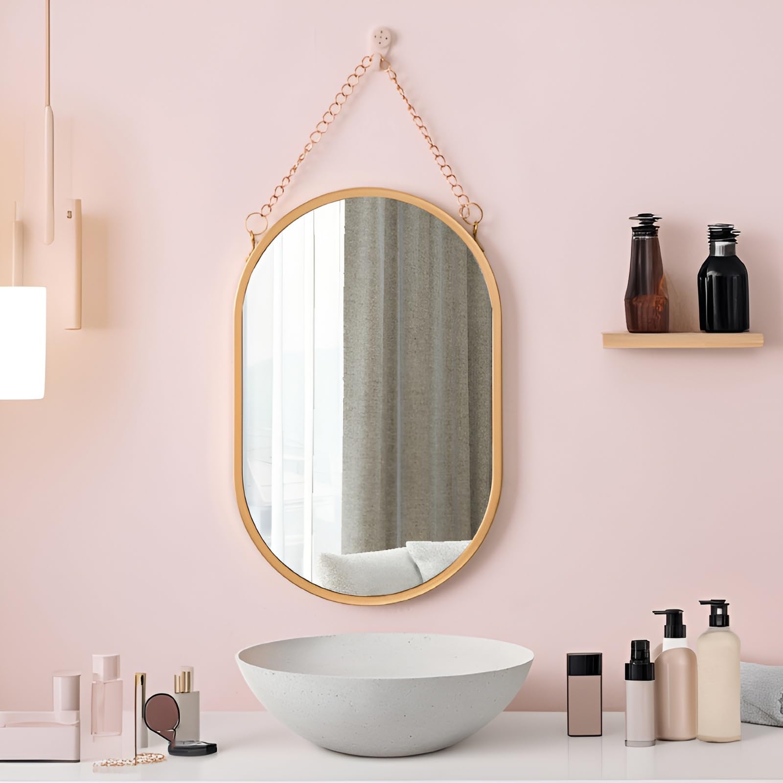FGXHHS Arched/Oval Iron Frame Wall Mirror - Hanging Decorative With Chain For Living Room Bedroom Bathroom Hallway Decoration(Oval,36x25cm/14.2x9.8in)