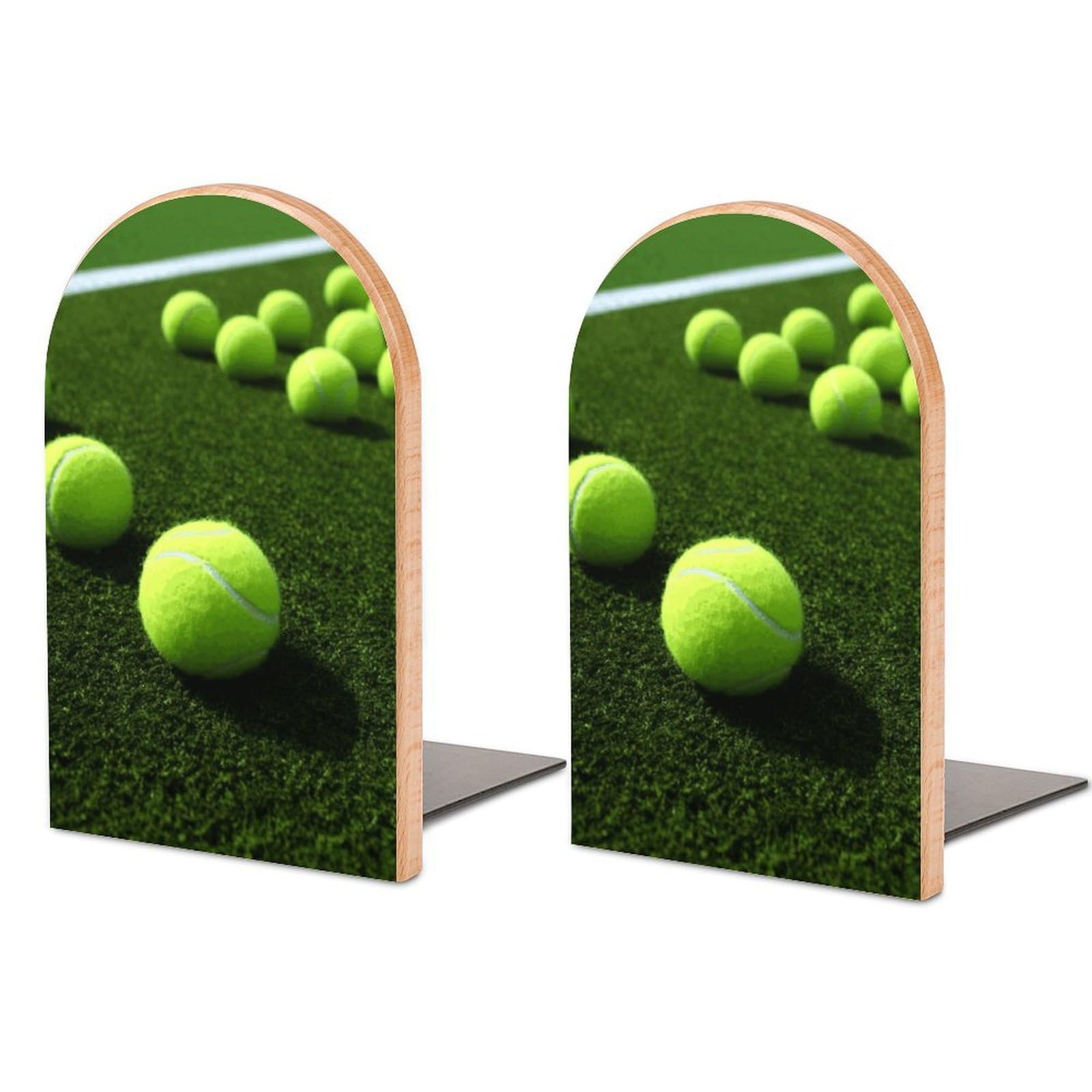 Beech Wood Book Ends Tennis Balls on Tennis Grass Court Printed Bookend for Shelves Home Decorative Bookends for Heavy Books for Office Bookshelves
