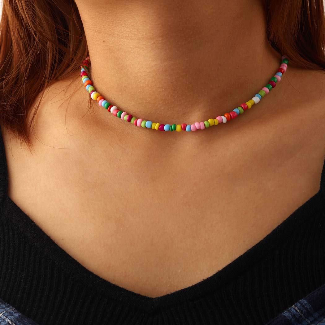 Yalice Multicolor Choker Necklace Chain Rainbow Seed Bead Necklaces Jewelry for Women and Girls