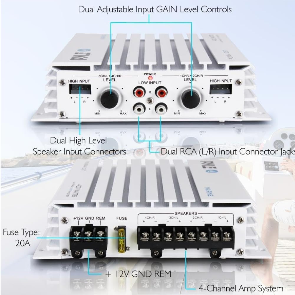 KIT SET PARA PYLE PLMRA410BT 1 Amplificador marino de 4 canales, clase AB, 4 x 100 vatios máx., impermeable, conectividad Bluetooth 2.1, para piscinas, barcos, embarcaciones, 1 pieza + cables gratis