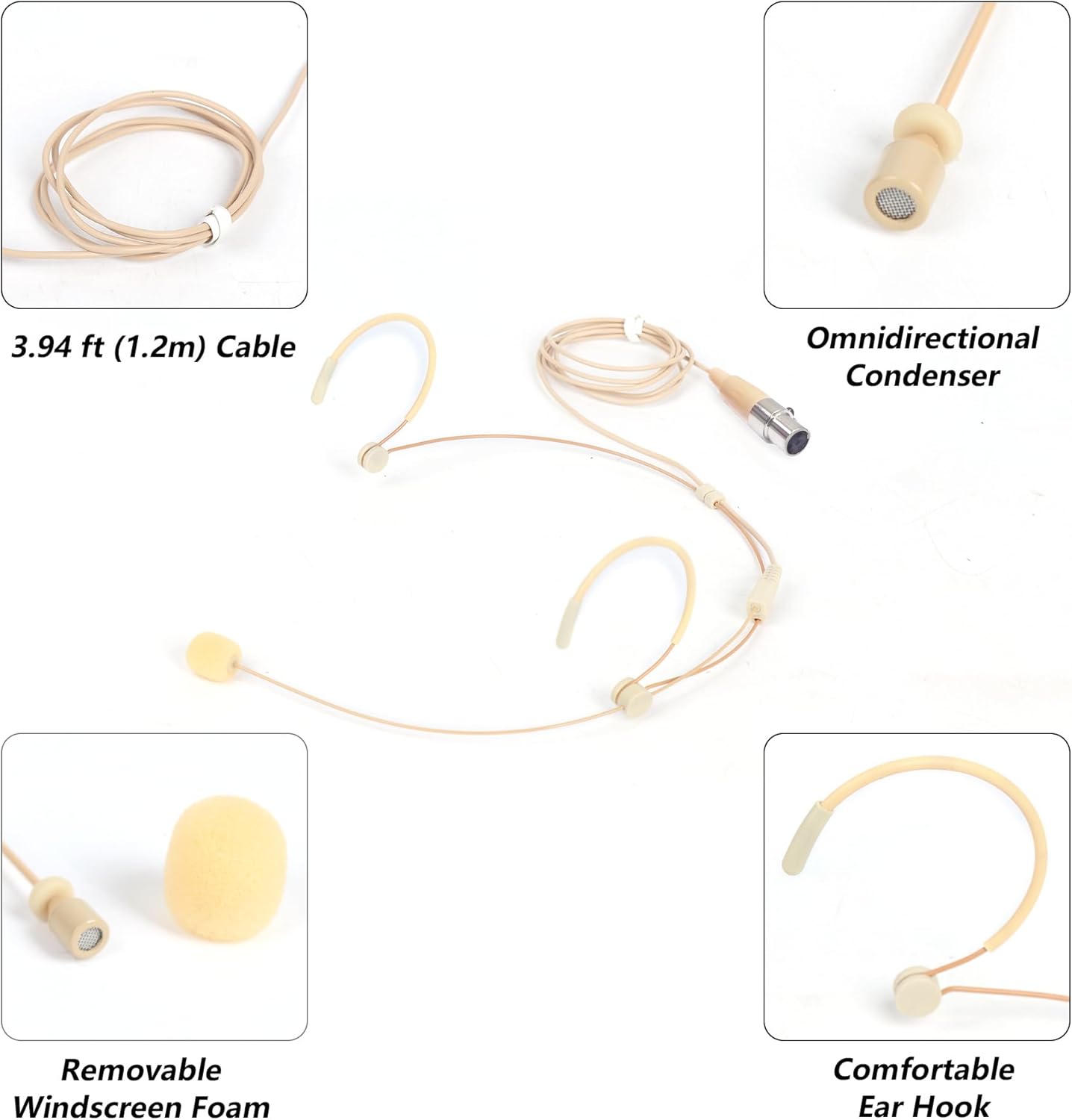 Headworn/Headset Microphone Wired, Dual Over-Ear Headset Mic, Condenser Headset Mic Compatible with Shure Microphone Wireless Systems, Ideal for Lectures, Actors, Theater - Beige - Image 3